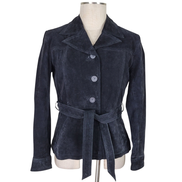 Globel Identity GIII Suede Jacket Women Size M Petite Black Belted Button Front - Picture 1 of 11